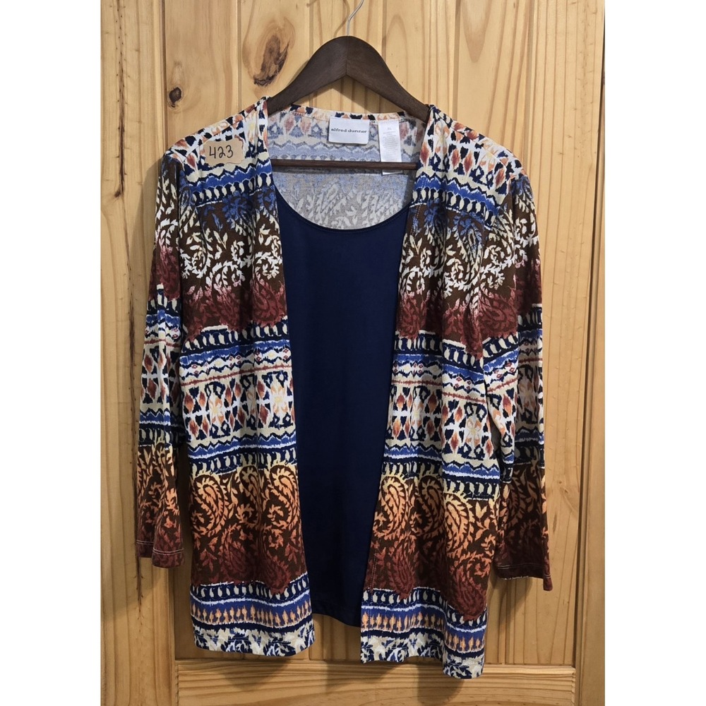 Alfred Dunner Womens XL 2 Piece Set Paisley Open Front Cardigan & Tank Navy Blue